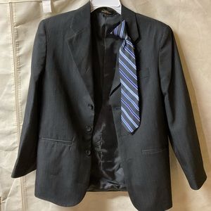 Boys dark pinstripe gray suit dress jacket. Chaps clip on tie
